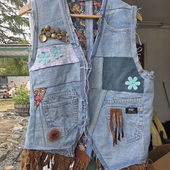 SANTANA Denim Patchwork Vest with Fringe and Floral Accents - Picture 1 of 5